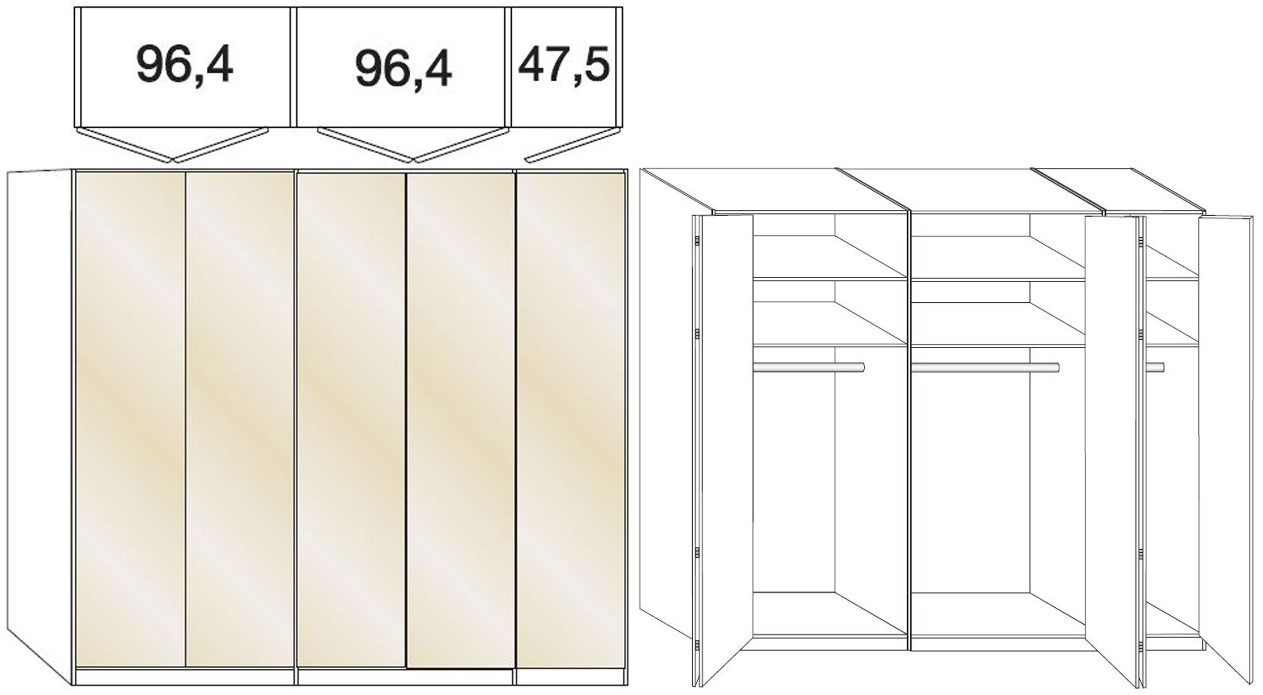 Loft 5 Door Bi Fold Wardrobe in Oak and Magnolia Glass - W 250cm