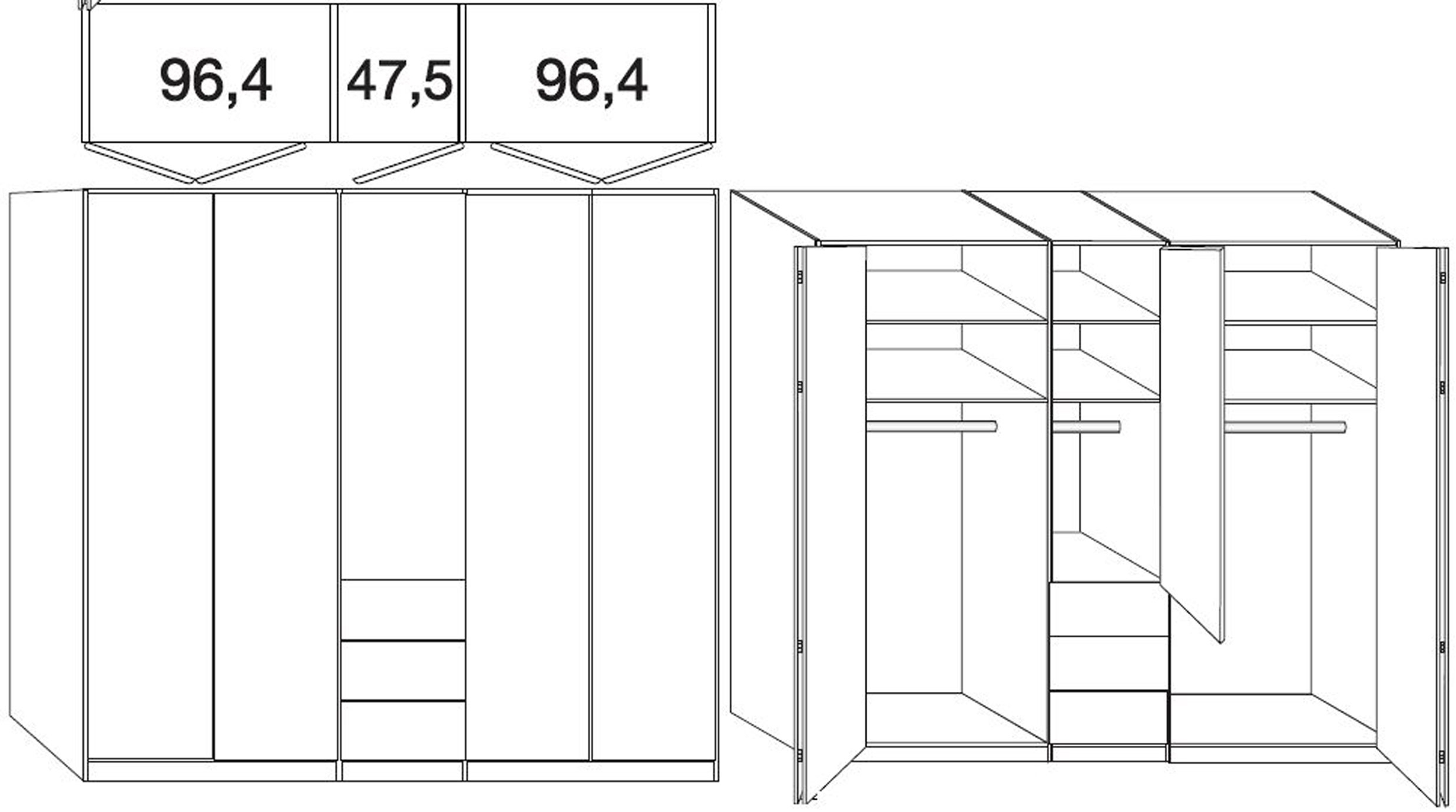 Loft 5 Door 3 Drawer Bi Fold Wardrobe in Oak and Pebble Grey Glass - W 250cm
