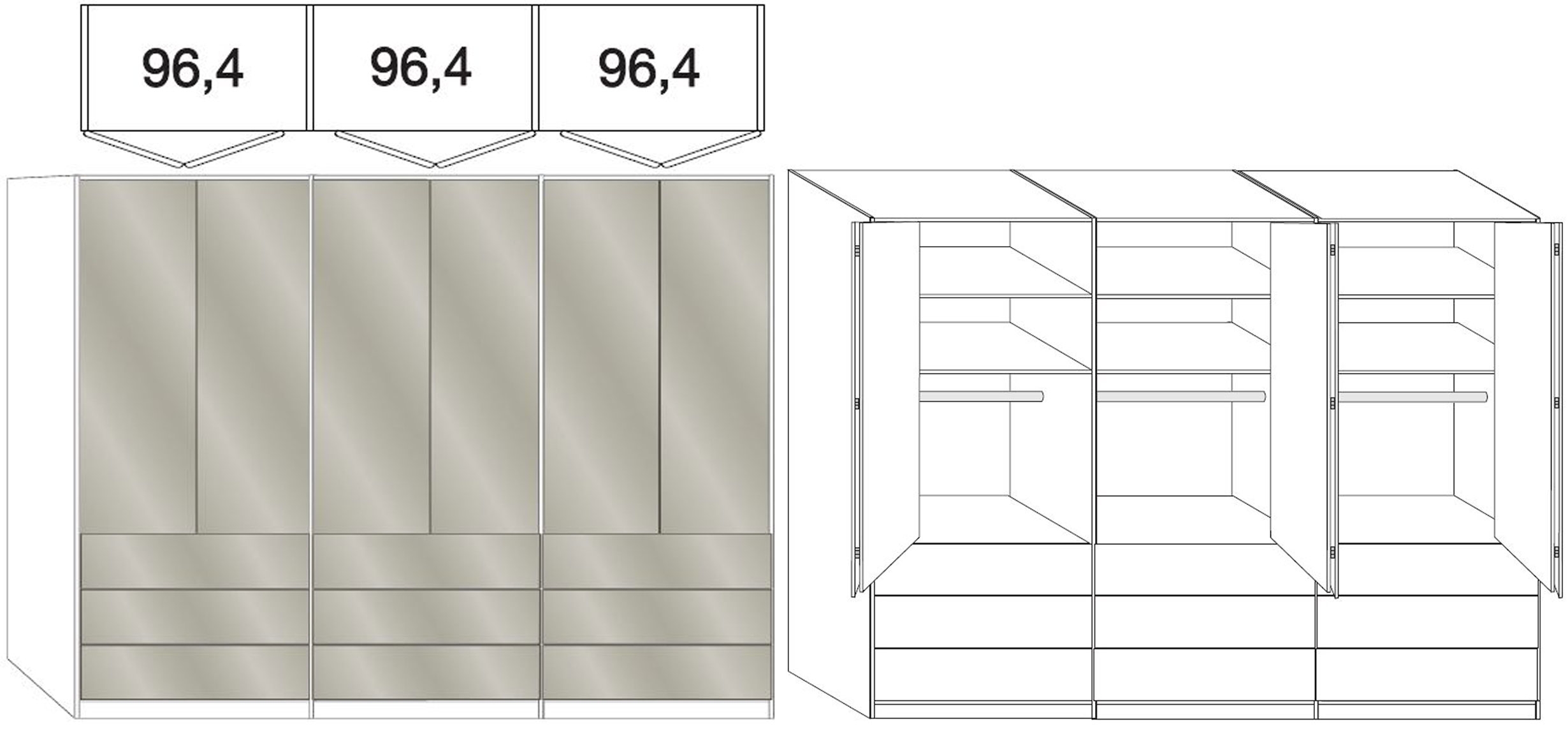 Product photograph of Wiemann Vip Loft 300cm Grey Glass 6 Door Bi Fold Wardrobe With Drawers - Oak Carcase from Choice Furniture Superstore.