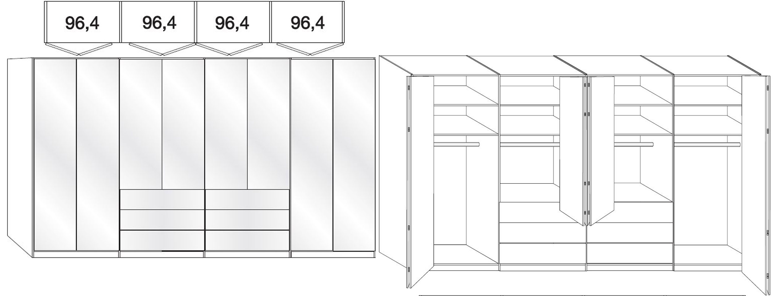 Product photograph of Wiemann Vip Loft 400cm Magnolia Glass 8 Door Bi Fold Wardrobe Centre Drawers - Oak Carcase from Choice Furniture Superstore.