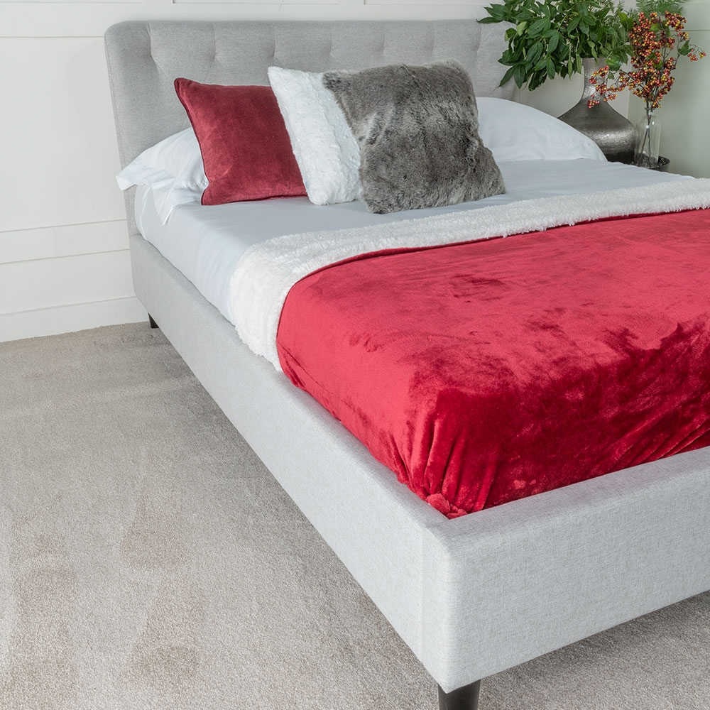 Product photograph of Masie Light Grey Velvet Fabric Upholstered 4ft 6in Double Bed from Choice Furniture Superstore.