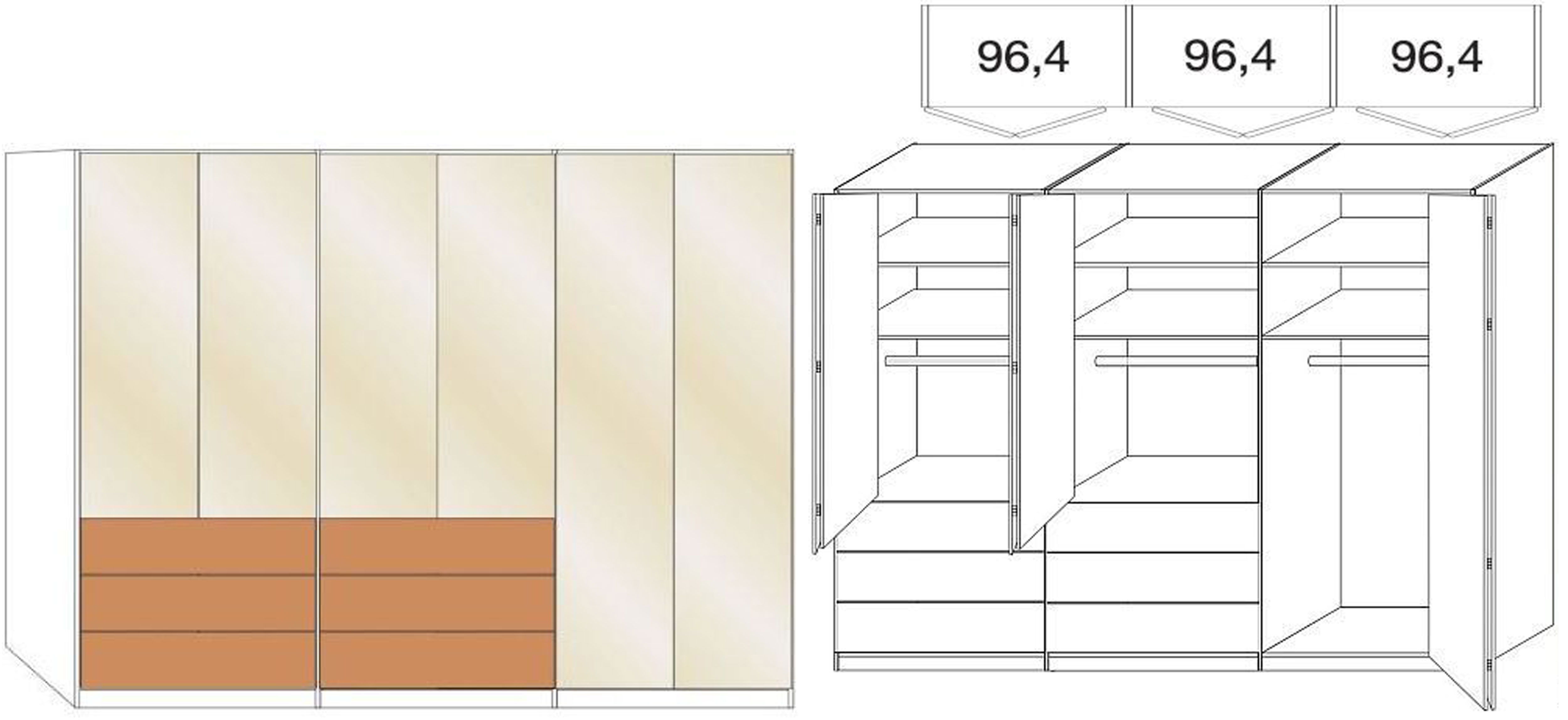 Product photograph of Wiemann Serena 250cm Oak And Champagne Glass 6 Door Bi Fold Wardrobe With Lh Drawers from Choice Furniture Superstore.