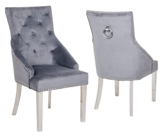 Product photograph of Large Knocker Back Grey Dining Chair Tufted Velvet Fabric Upholstered With Chrome Legs from Choice Furniture Superstore.