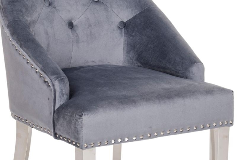 Product photograph of Large Knocker Back Grey Dining Chair Tufted Velvet Fabric Upholstered With Chrome Legs from Choice Furniture Superstore.