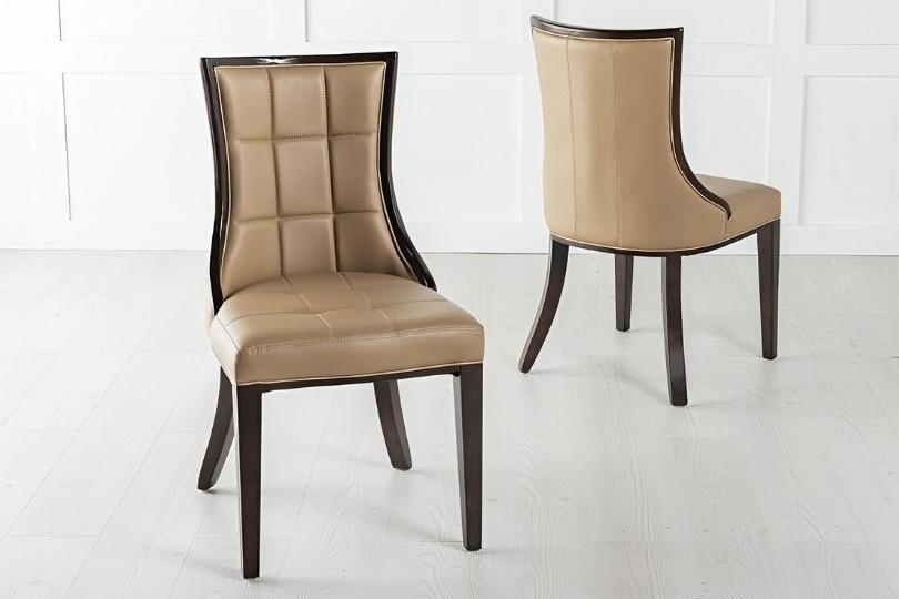 Product photograph of Paris Taupe Dining Chair Leather - Faux Pu With Brown Legs And High Gloss Side Trims from Choice Furniture Superstore.
