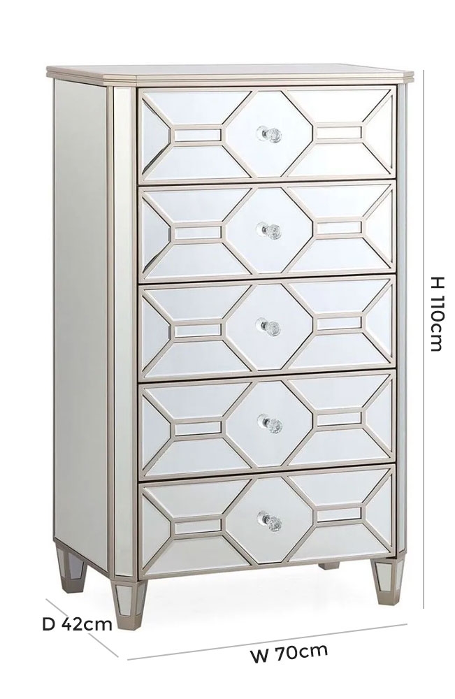 Product photograph of Vida Living Rosa Geometric Mirrored 5 Drawer Chest from Choice Furniture Superstore.