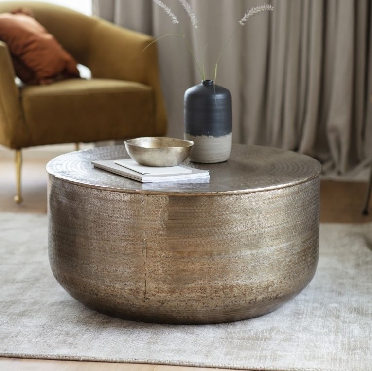 Product photograph of Ashta Brass Drum Round Coffee Table from Choice Furniture Superstore.