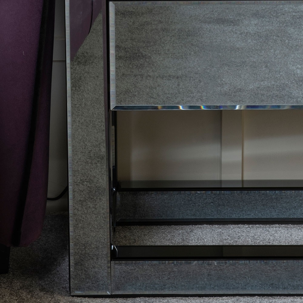 Product photograph of Moda Smoke Mirrored 1 Drawer Bedside Table from Choice Furniture Superstore.