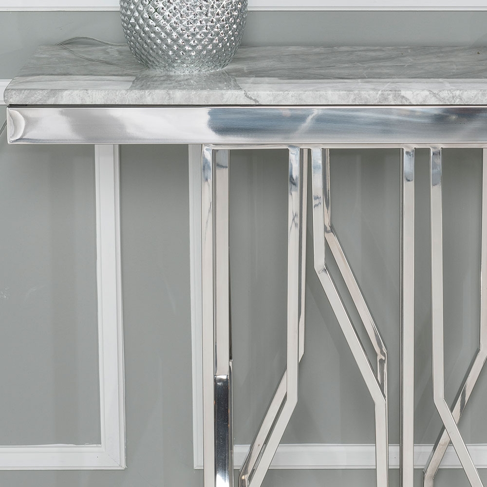 Product photograph of Vortex Marble Console Table Grey Rectangular Top With Steel Chrome Base from Choice Furniture Superstore.