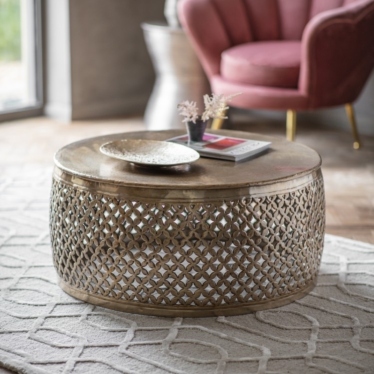 Product photograph of Khalasar Gold Metal Round Coffee Table from Choice Furniture Superstore.