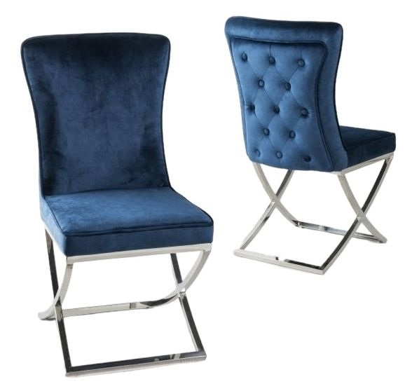 Product photograph of Lyon Cross Leg Blue Dining Chair Plush Velvet Fabric With Tufted Buttoned Back And Chrome Metal Base from Choice Furniture Superstore.