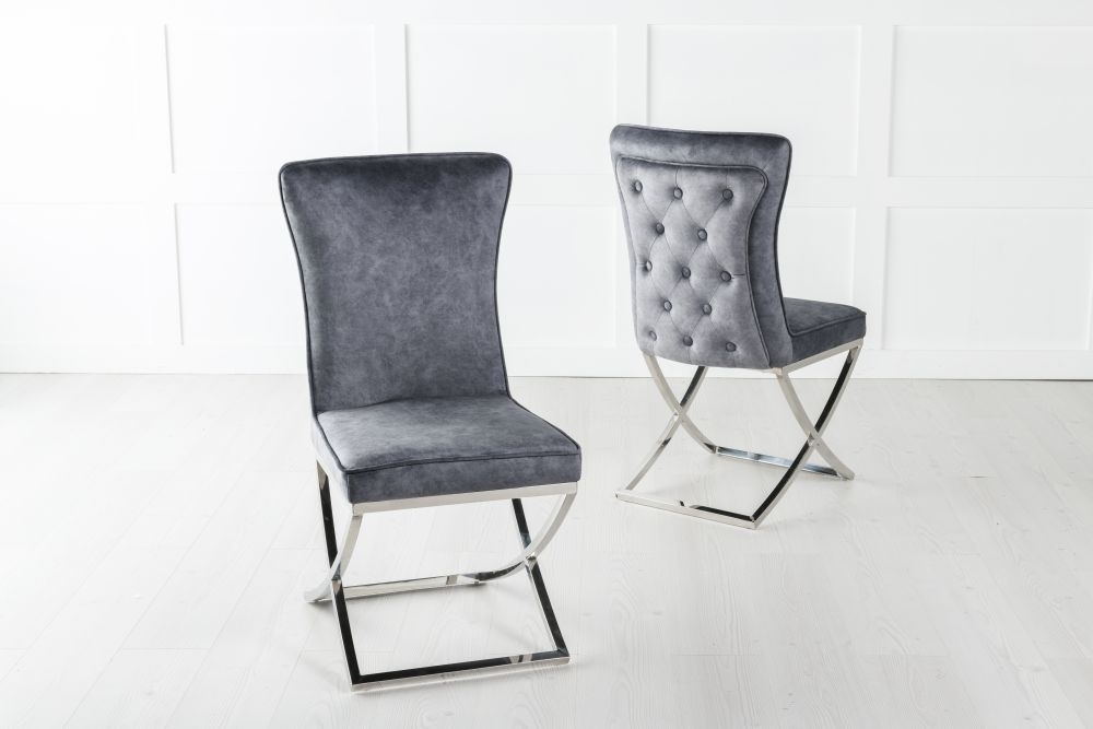 Product photograph of Lyon Cross Leg Grey Dining Chair Plush Velvet Fabric With Tufted Buttoned Back And Chrome Metal Base from Choice Furniture Superstore.