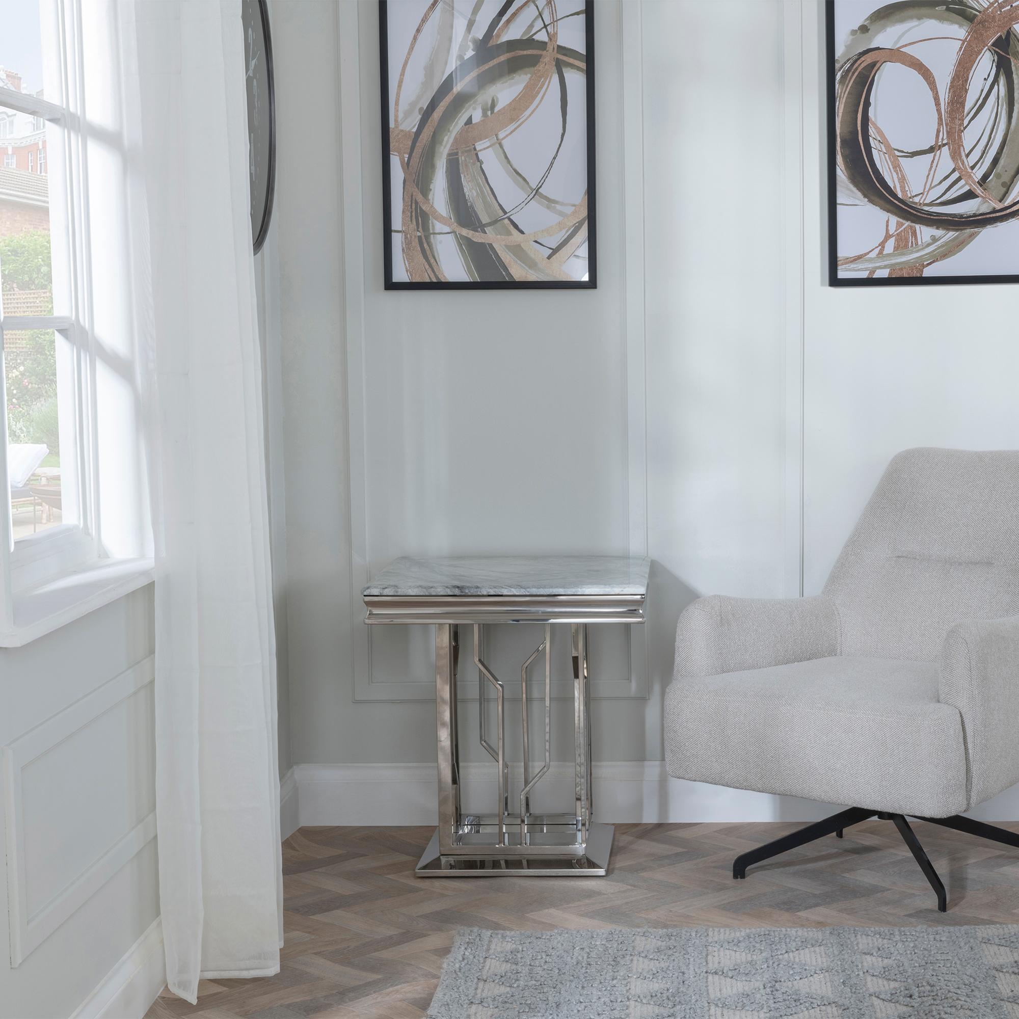 Product photograph of Vortex Grey Marble And Chrome Side Table from Choice Furniture Superstore.