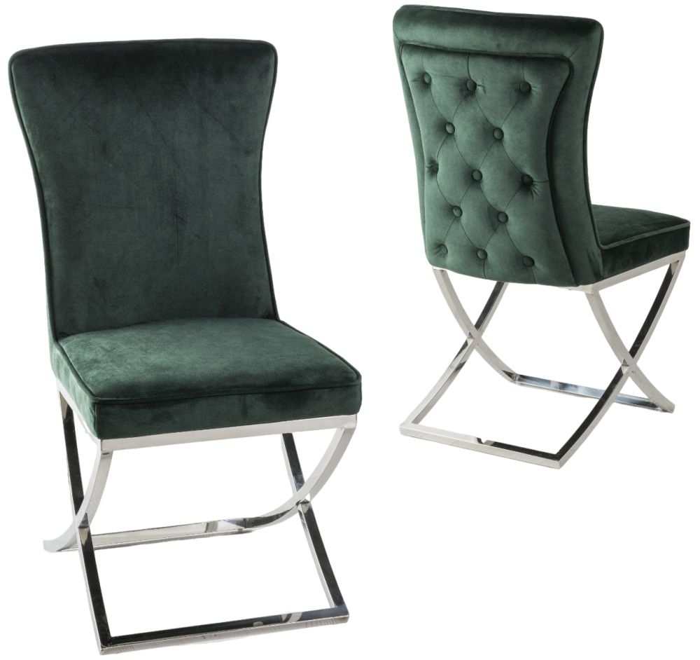 Product photograph of Lyon Cross Leg Green Dining Chair Plush Velvet Fabric With Tufted Buttoned Back And Chrome Metal Base from Choice Furniture Superstore.