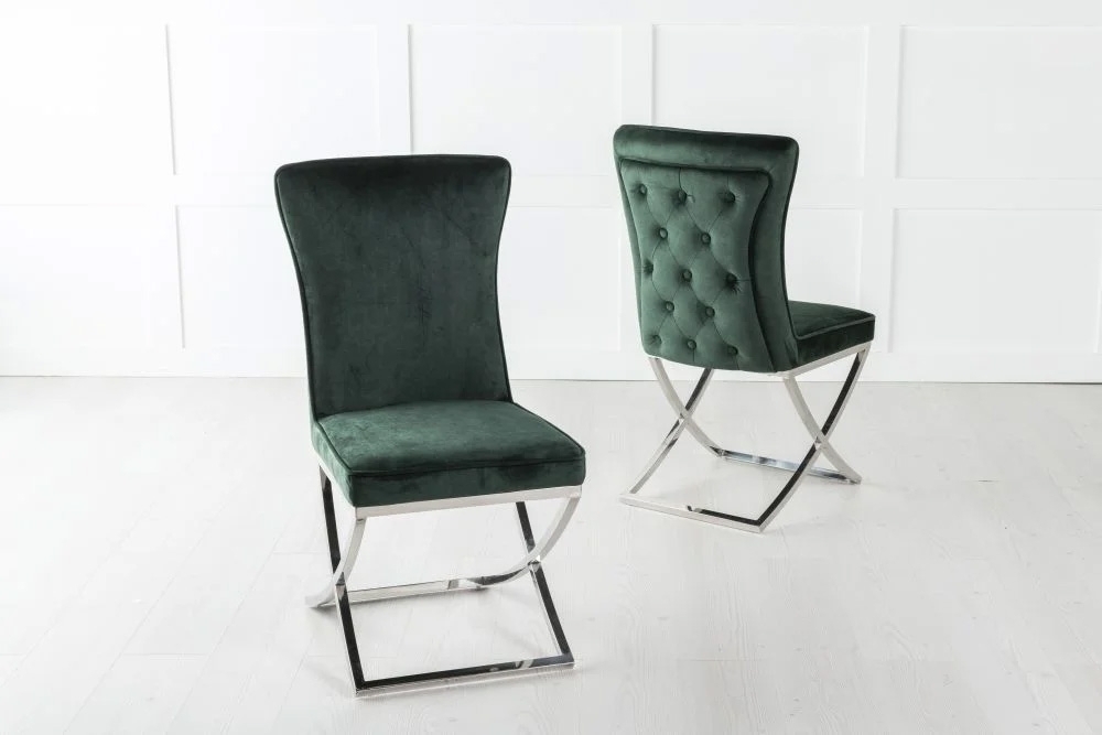 Product photograph of Lyon Cross Leg Green Dining Chair Plush Velvet Fabric With Tufted Buttoned Back And Chrome Metal Base from Choice Furniture Superstore.
