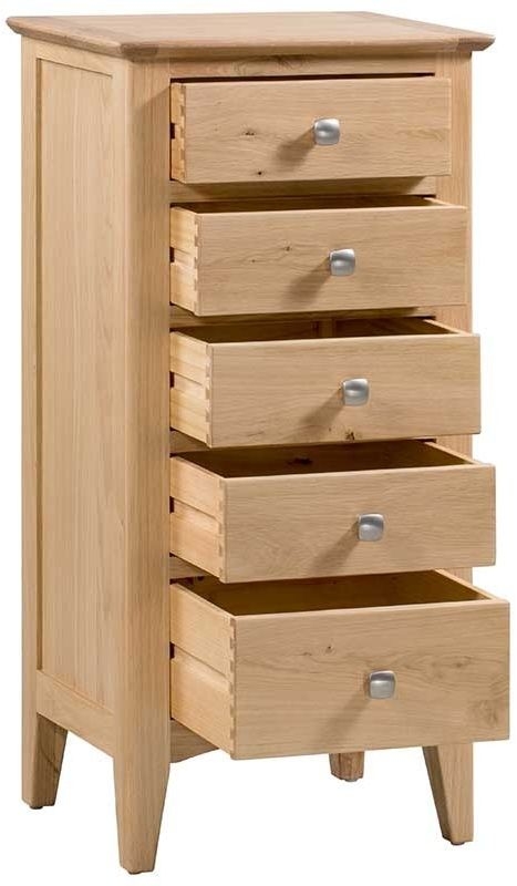 Product photograph of Lowell Natural Oak Narrow Chest 5 Drawers Tallboy from Choice Furniture Superstore.