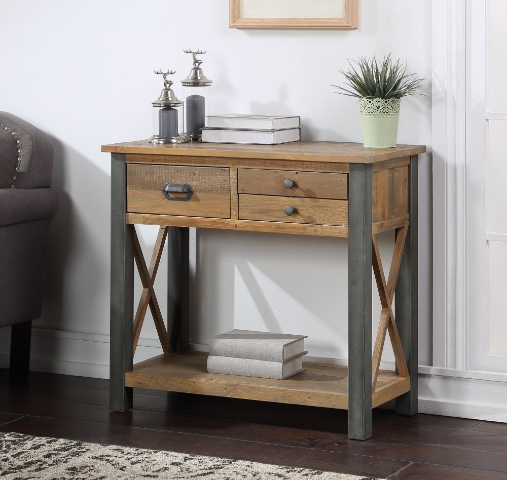 Product photograph of Urban Elegance Reclaimed Wood 3 Drawer Console Table from Choice Furniture Superstore.