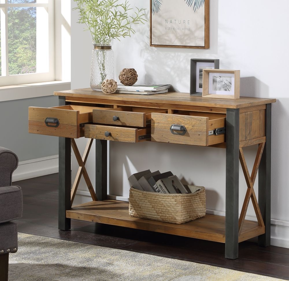 Product photograph of Urban Elegance Reclaimed Wood 4 Drawer Console Table from Choice Furniture Superstore.