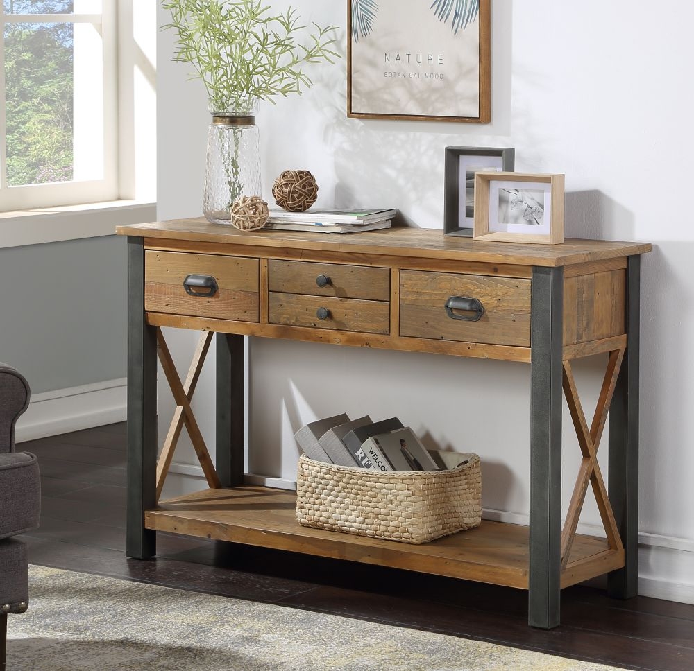 Product photograph of Urban Elegance Reclaimed Wood 4 Drawer Console Table from Choice Furniture Superstore.