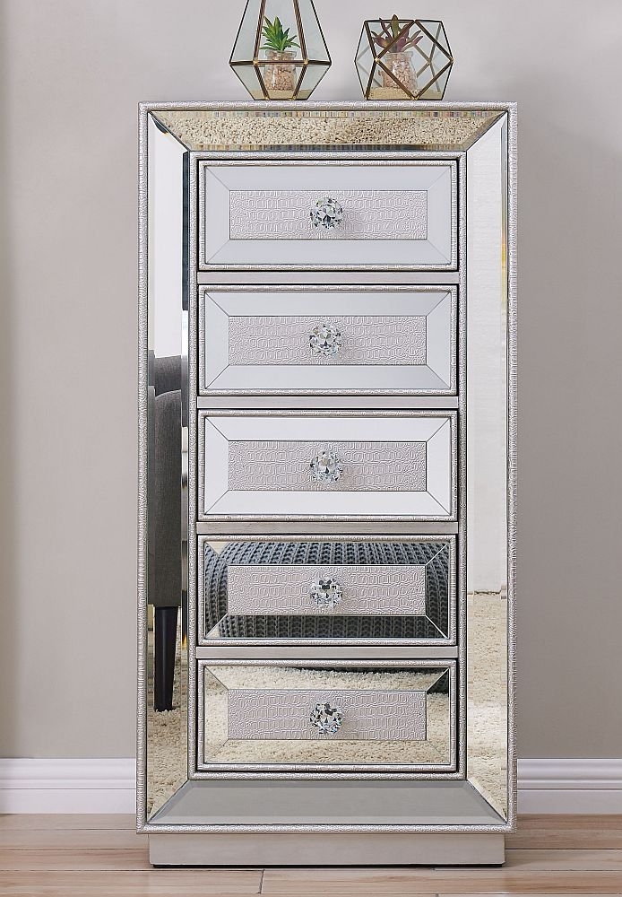 Product photograph of Sofia Mirrored 5 Drawer Tall Boy Chest from Choice Furniture Superstore.