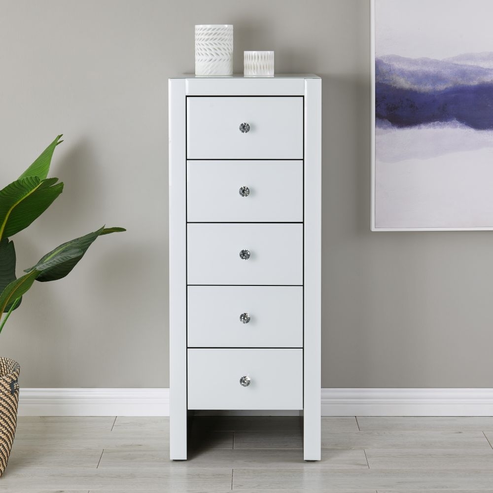 Product photograph of Bangor White Glass 5 Drawer Tall Chest from Choice Furniture Superstore.