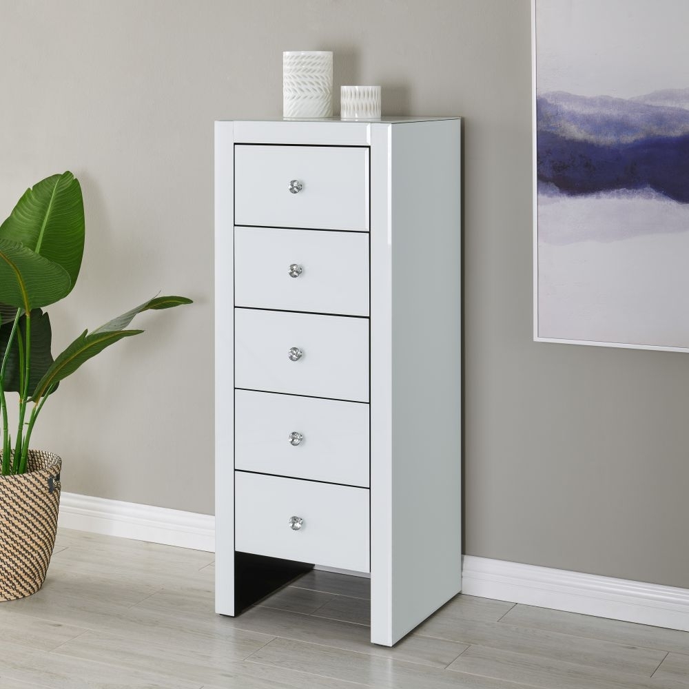 Product photograph of Bangor White Glass 5 Drawer Tall Chest from Choice Furniture Superstore.