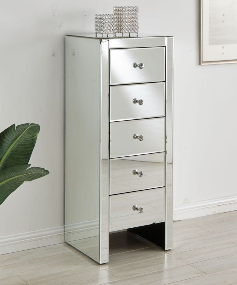 Product photograph of Hollywood Mirrored 5 Drawer Tallboy Chest from Choice Furniture Superstore.
