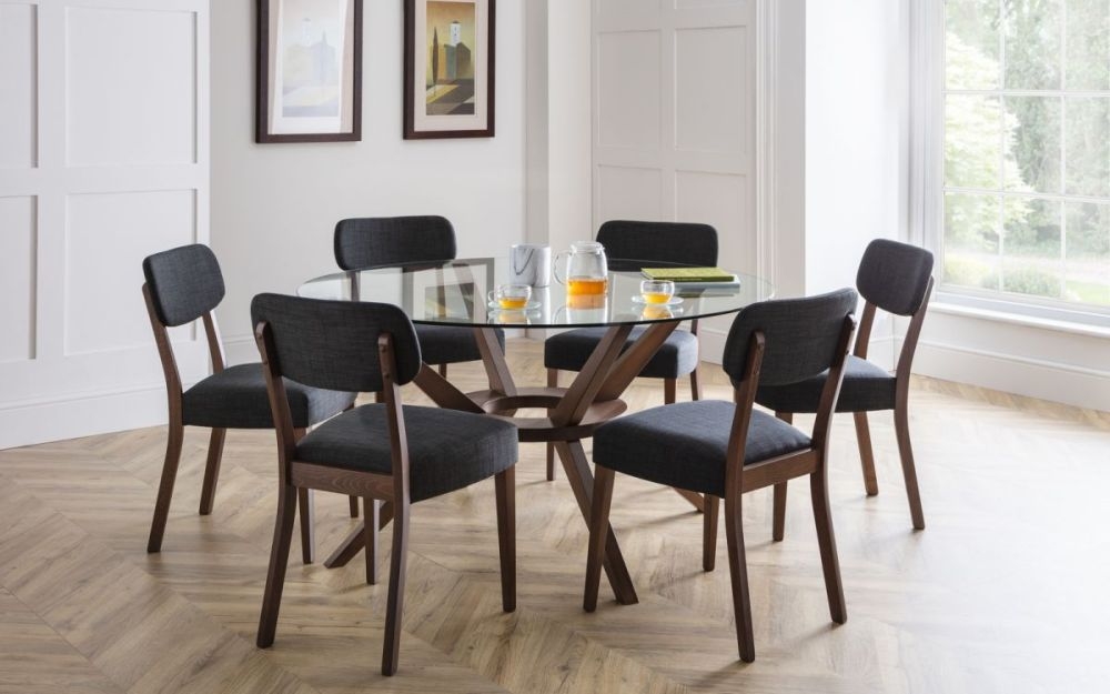 Product photograph of Chelsea Walnut And Glass Round 6 Seater Dining Set With 6 Farringdon Chairs from Choice Furniture Superstore.