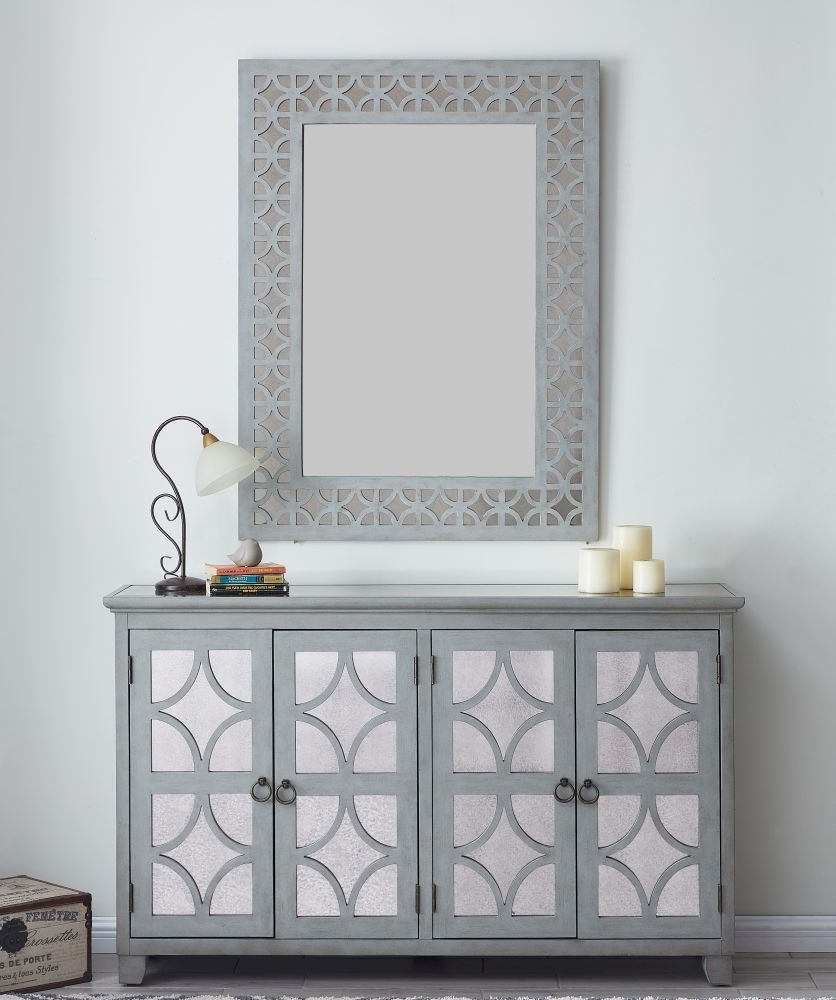 Product photograph of Russell Grey Mirrored 4 Door Sideboard With Mirror from Choice Furniture Superstore.