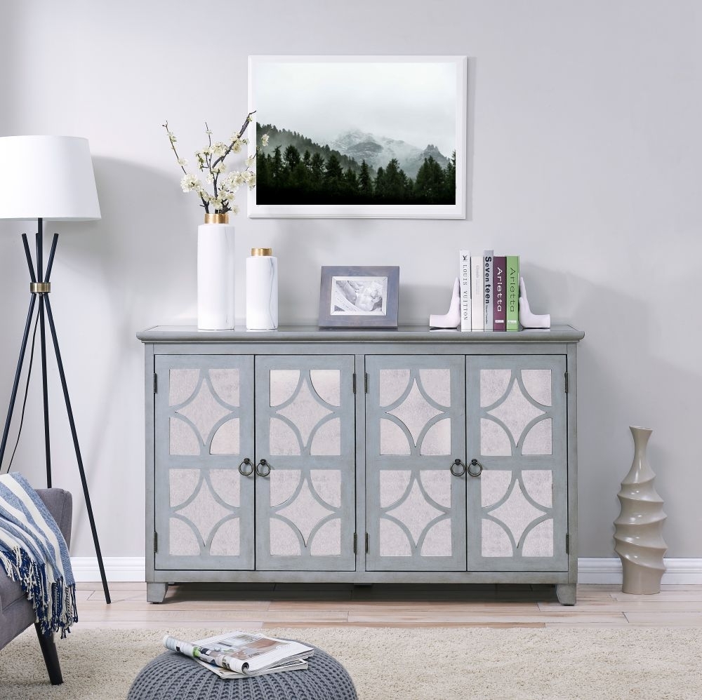Product photograph of Russell Grey Mirrored 4 Door Sideboard With Mirror from Choice Furniture Superstore.