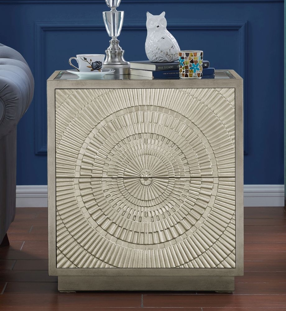 Product photograph of Frenso Silver Embossed Side Table With Mirrored Top from Choice Furniture Superstore.