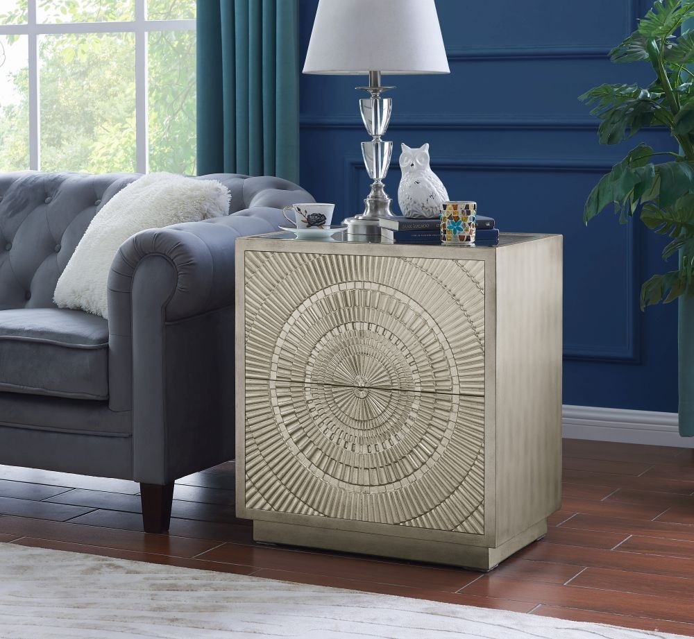 Product photograph of Frenso Silver Embossed Side Table With Mirrored Top from Choice Furniture Superstore.