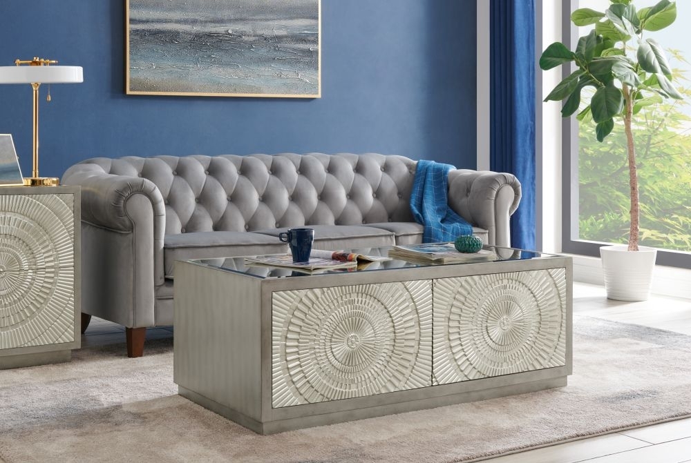 Product photograph of Frenso Silver Embossed Coffee Table With Mirrored Top from Choice Furniture Superstore.