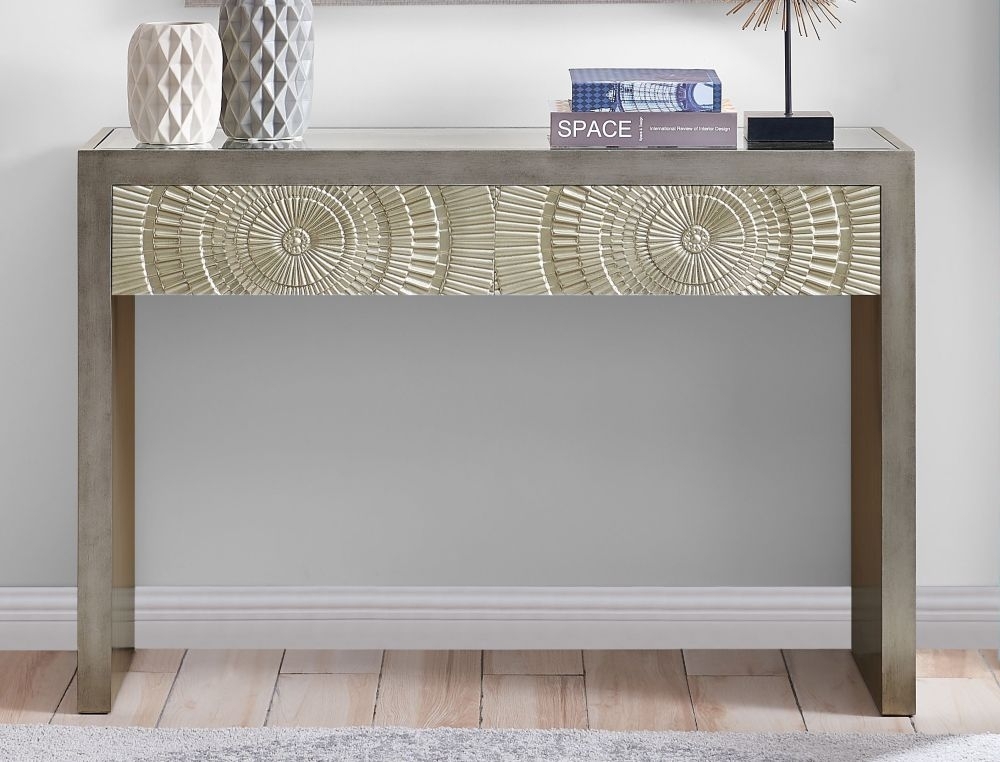 Product photograph of Frenso Silver Embossed Console Table With Mirrored Top from Choice Furniture Superstore.