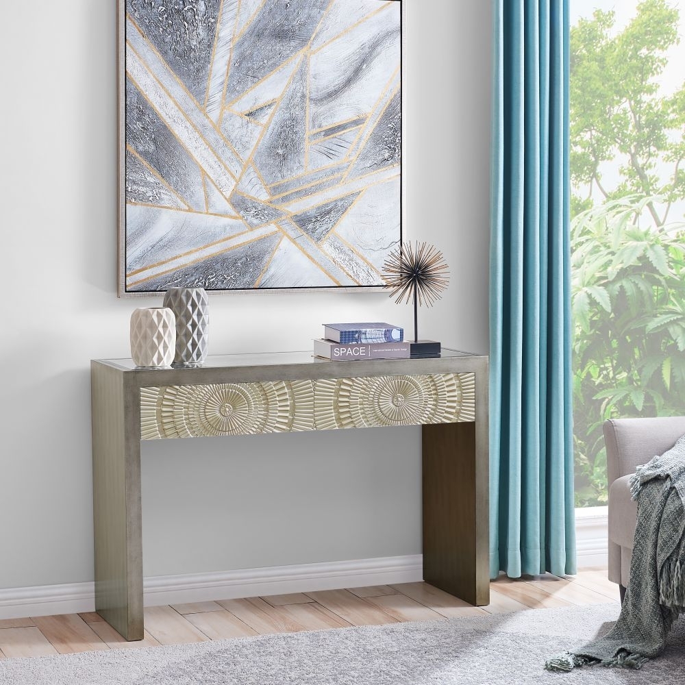 Product photograph of Frenso Silver Embossed Console Table With Mirrored Top from Choice Furniture Superstore.