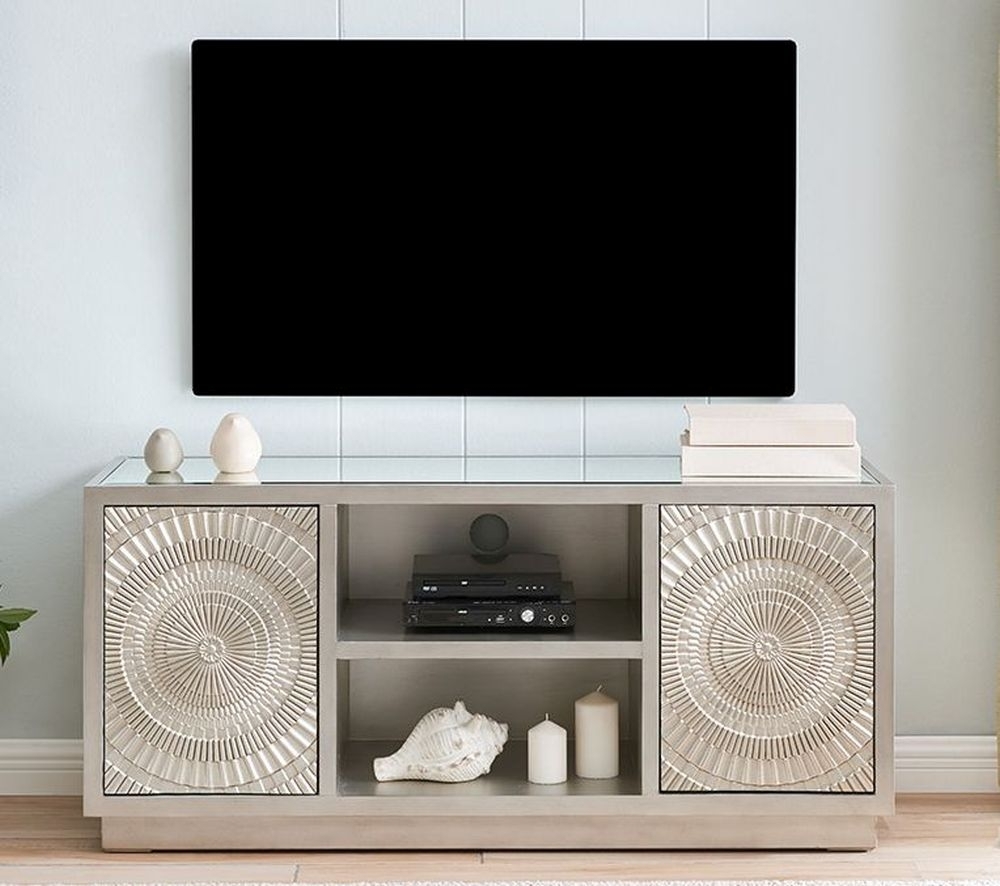 Product photograph of Frenso Silver Embossed Tv Unit With Mirrored Top from Choice Furniture Superstore.