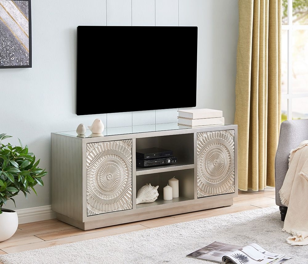 Product photograph of Frenso Silver Embossed Tv Unit With Mirrored Top from Choice Furniture Superstore.