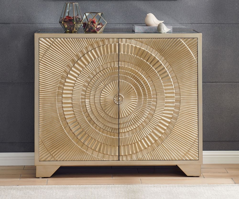 Product photograph of Frenso Gold Embossed 2 Door Small Sideboard With Mirrored Top from Choice Furniture Superstore.