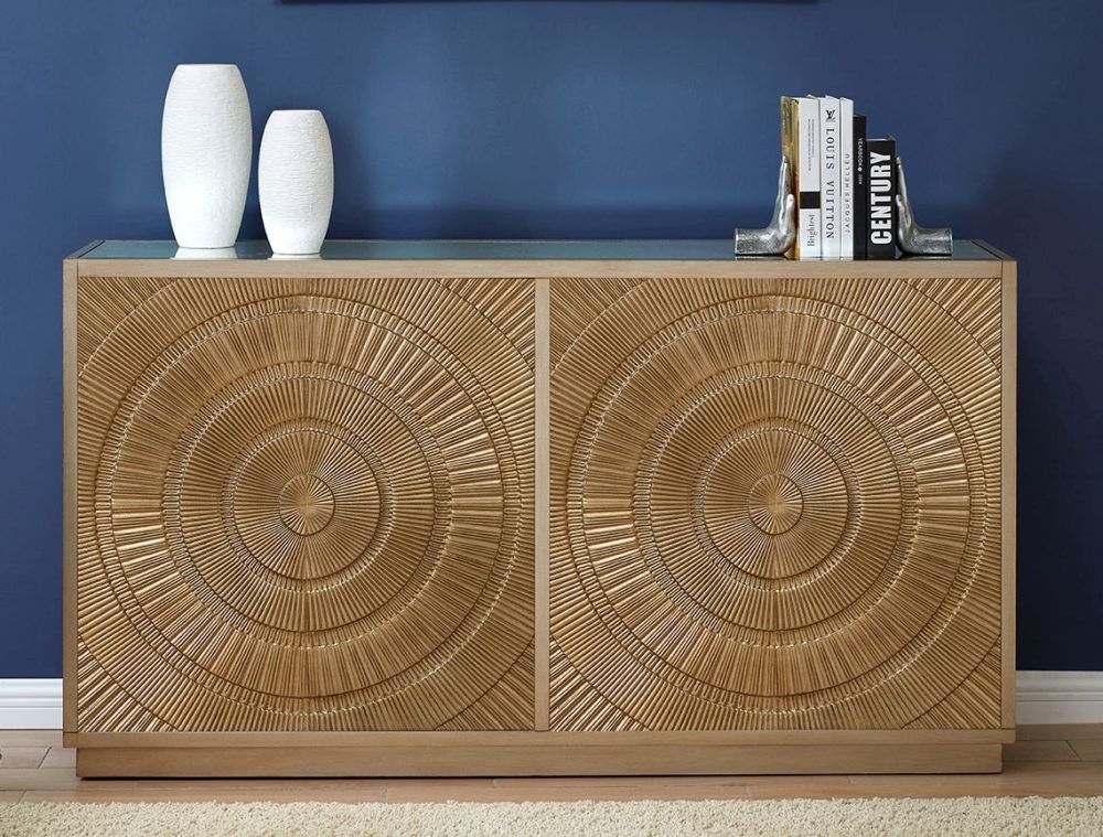 Product photograph of Frenso Gold Embossed 4 Door Sideboard With Mirrored Top from Choice Furniture Superstore.