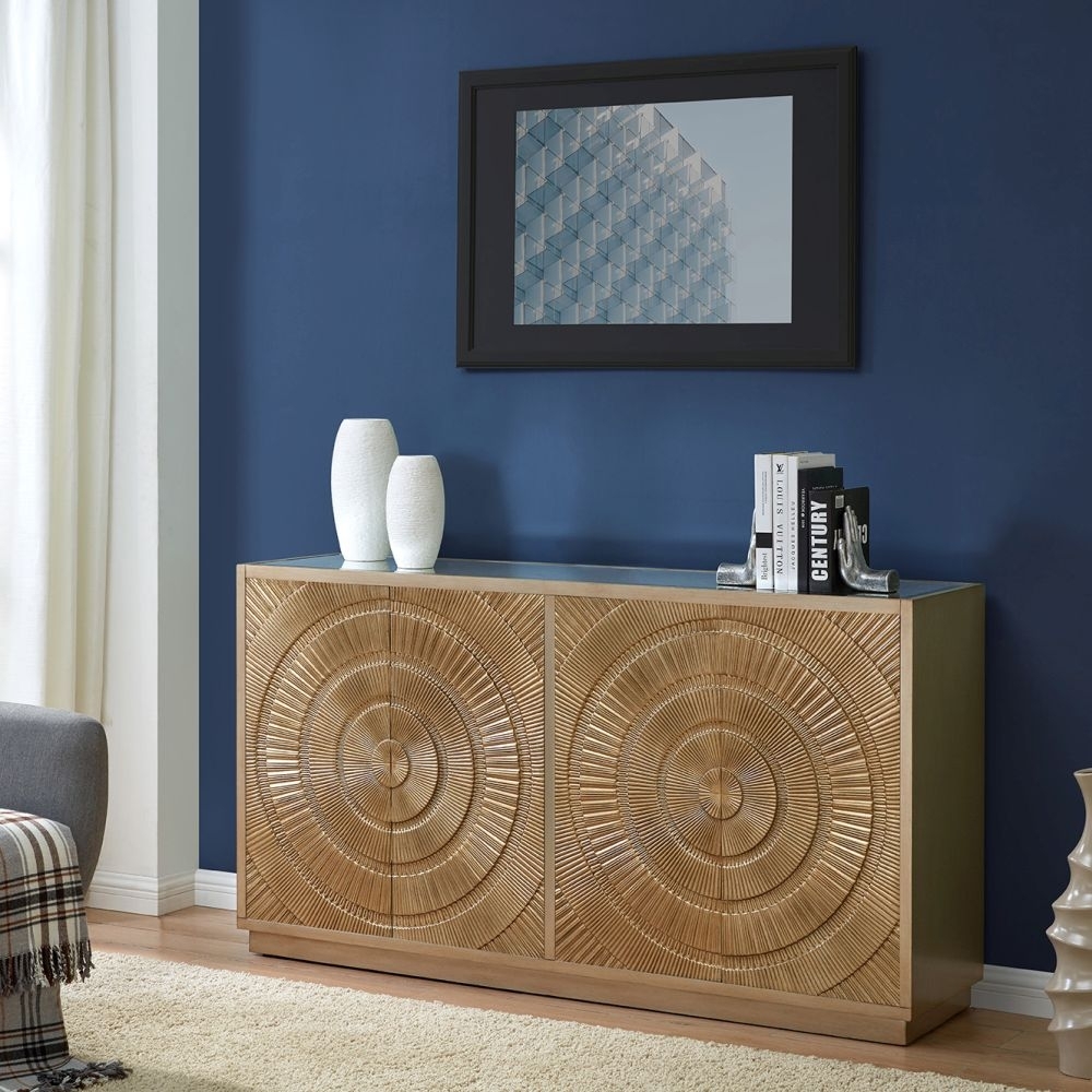 Product photograph of Frenso Gold Embossed 4 Door Sideboard With Mirrored Top from Choice Furniture Superstore.