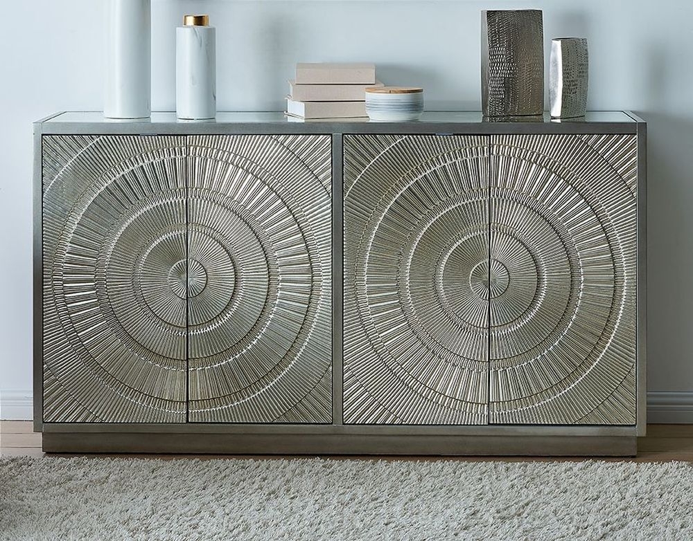 Product photograph of Frenso Silver Embossed 4 Door Sideboard With Mirrored Top from Choice Furniture Superstore.