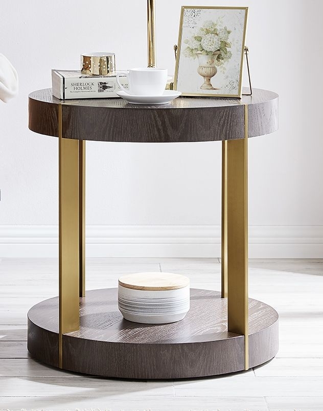 Product photograph of Sanremo Walnut And Gold Round Lamp Table from Choice Furniture Superstore.