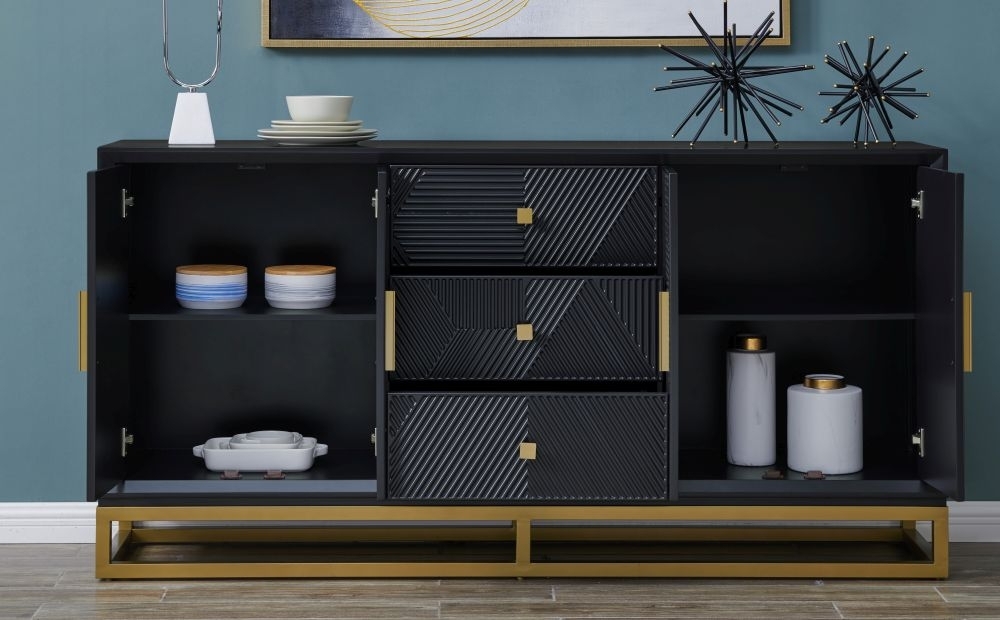 Product photograph of Orlando Black Geometric Design 4 Door 3 Drawer Sideboard from Choice Furniture Superstore.