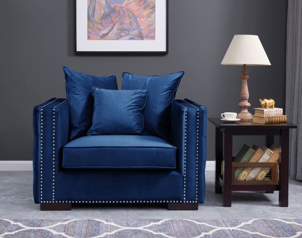 Product photograph of Inverness Blue Velvet Studded Fabric Armchair from Choice Furniture Superstore.