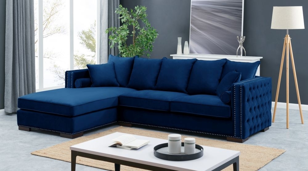 Product photograph of Moscow Blue Velvet Fabric Corner Sofa Suite - Left from Choice Furniture Superstore.