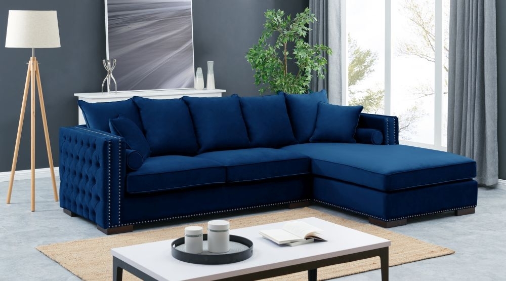 Product photograph of Moscow Blue Velvet Fabric Corner Sofa Suite - Right from Choice Furniture Superstore.