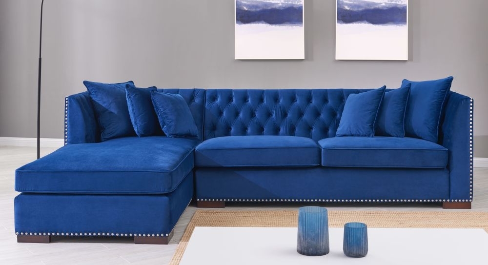 Product photograph of Chester Blue Velvet Fabric Corner Sofa Suite - Left from Choice Furniture Superstore.