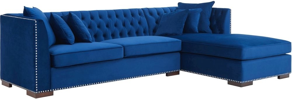 Product photograph of Chester Blue Velvet Fabric Corner Sofa Suite - Right from Choice Furniture Superstore.