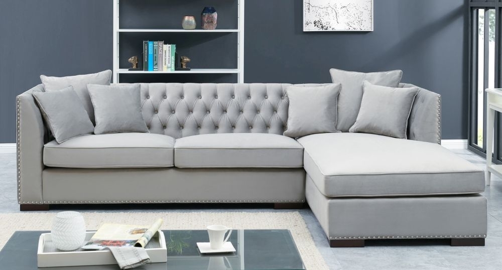 Product photograph of Kingston Grey Velvet Fabric Corner Sofa Suite - Right from Choice Furniture Superstore.