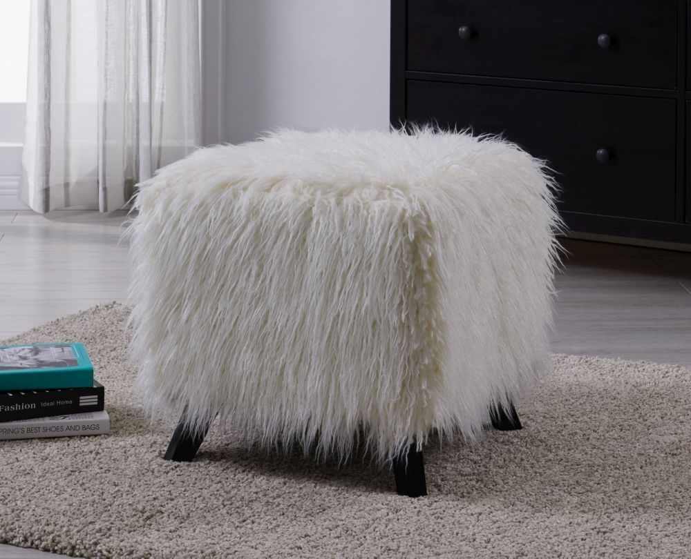 Product photograph of Heavy Shag White Faux Sheepskin Fur Cube Stool from Choice Furniture Superstore.